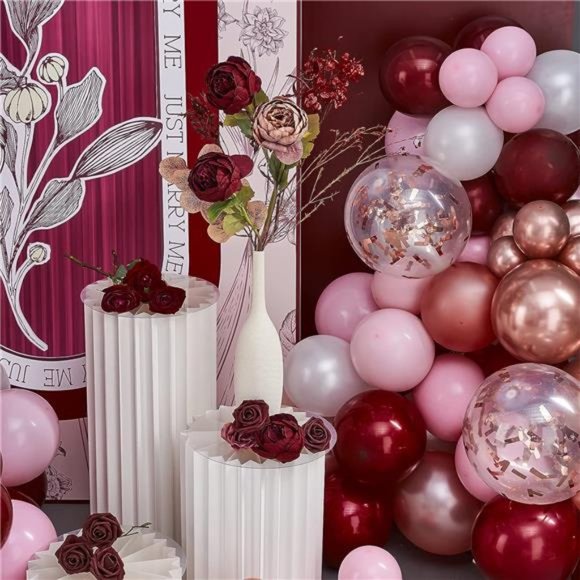 140 pcs Burgundy Red and Pink Balloon Garland, Double-stuffed Burgundy Balloons - Picture 2 of 6